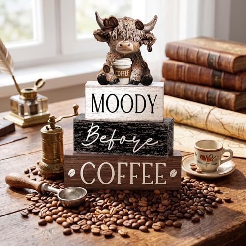 Yousoontic 4 Pcs Coffee Highland Cow Figurine, Rustic Farmhouse Decor