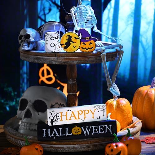 Vicenpal 3 Pcs Halloween Wooden Sign Pumpkin Ghost Witch Table Centerpiece