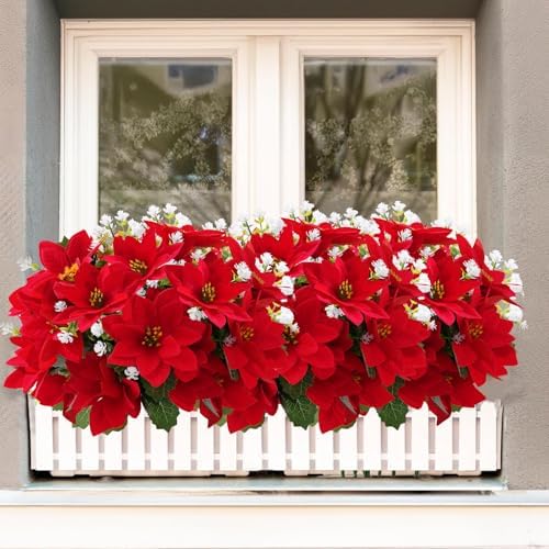 Christmas Artificial Flowers for Outdoors 12PCs Red Faux Poinsettia