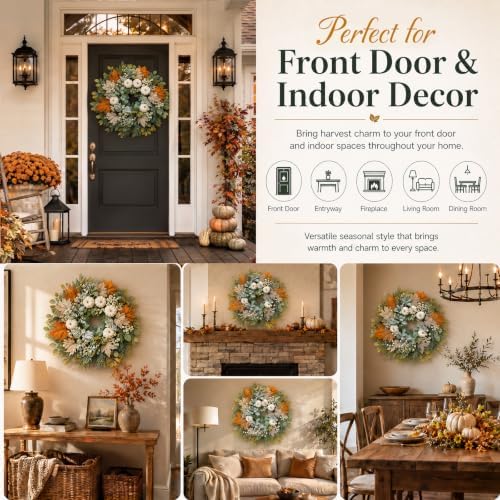 26 Inch Fall Wreaths for Front Door, Artificial Autumn Wreath