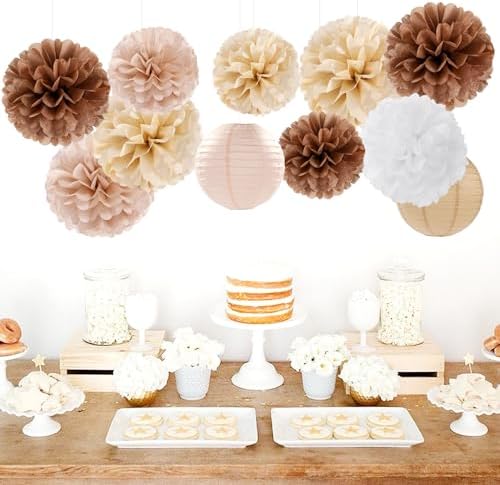 Boho Rustic Wedding Party-Decorations Paper Flowers Lanterns - 15PCS Fall Baby Shower Gender Neutral Streamers,Brown Champagne White Tissue Pom Poms,Autumn Birthday Bridal Decor Hugfond