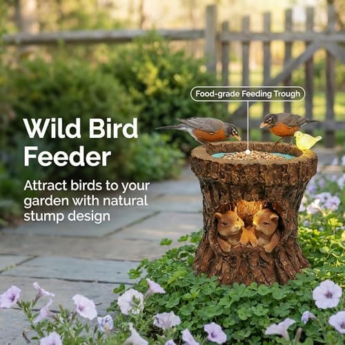 Solar Whimsical Squirrel Walnut Bird Feeder for Garden Decor: IP44 Weatherproof Resin with Automatic Lighting - No Installation- Outdoor Yard Patio Balcony Art - Birthday Gifts for Bird Lovers Women