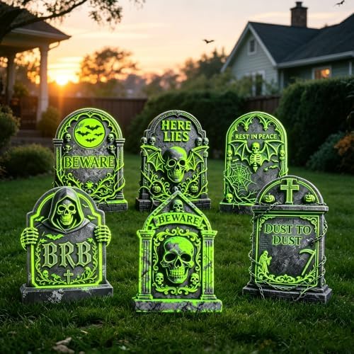 6 Pack Halloween Tombstone Decor, Glow in The Dark Gravestones