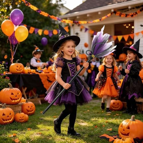 Halloween Witches Broom, Purple Wizard Broom for Halloween Decorations, Plastic Spider Broom Witch Broomstick, Halloween Witch Decoration Props, Witch Costume Accessories (Purple#B)