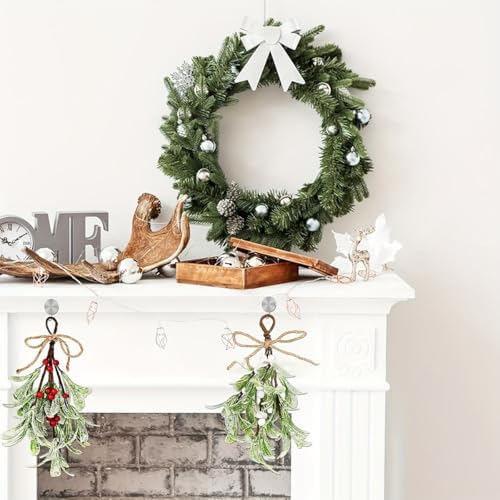 4 Pcs Artificial Mistletoe Picks - Flocked Red & White Berries with Glitter Leaves & Rope Bow, Christmas Hanging Kissing Plant Ornaments for Tree Door Party Decorations
