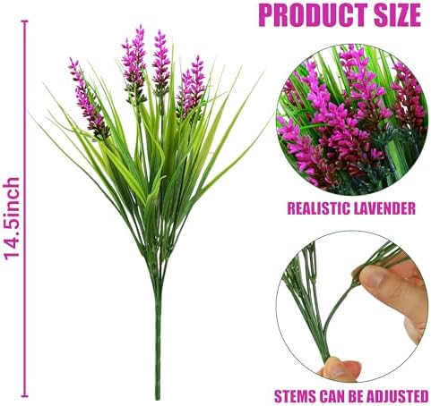 Sggvecsy 12 Bundles Artificial Plants Outdoor Faux Lavender Flowers Fake Monkey Grass UV Resistant Plastic Greenery Plants for Garden Home Porch Window Patio Hanging Planter Indoor Decor (Magenta)