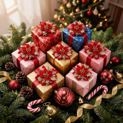 30PCS Artificial Christmas Poinsettia Flowers with Clips and Stems, 5.5 Inch Glitter red & Gold Xmas Tree Decorations, Holiday Poinsettia Picks Ornaments for Christmas Tree, Wreaths, Garlands & Home