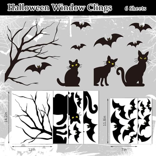 Whaline 6 Sheets Halloween Black Cat Window Clings Spooky Cat Bat Silhouette Reusable Window Decals for Haunted House Home Office School Glass Decor Party Supplies