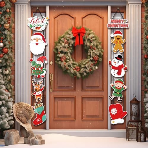 CroBlissful 2 Sets Christmas Porch Sign Santa Snowman Elf Door Banner