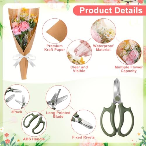Lanties 54 Pcs Flower Wrapping Sleeves 22 x 14.4 in Kraft Back Clear Front Bouquet Bags with Ribbons and Floral Scissors Florist Wrapping Supplies for Graduation Wedding DIY Flower Arrangements