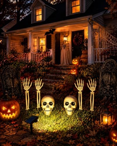 7P Halloween Skeleton Decorations Outdoor with Solar Spotlight, 2 Skull