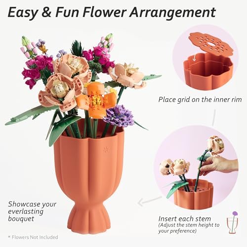 Bouquet Vase for Lego & Fresh Flowers - Flower Arrangement Vase with Grid & Ribbons, Impact Resistant, BPA-Free ABS Plastic, Home Decor Gift for Lego & Flower Lovers (Terracotta Orange)