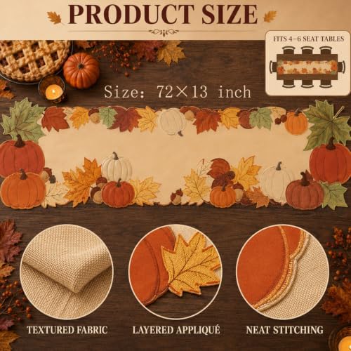 13x72In Fall Thanksgiving Embroidered Table Runner with Pumpkin Maple Leaf