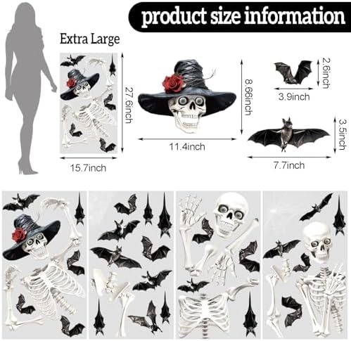 CCINEE Halloween Window Clings, Extra Large Spooky Skeletons and Bats Window Stickers for Home School Office Glass and Halloween Party Indoor Outdoor Decor, 4 Sheets