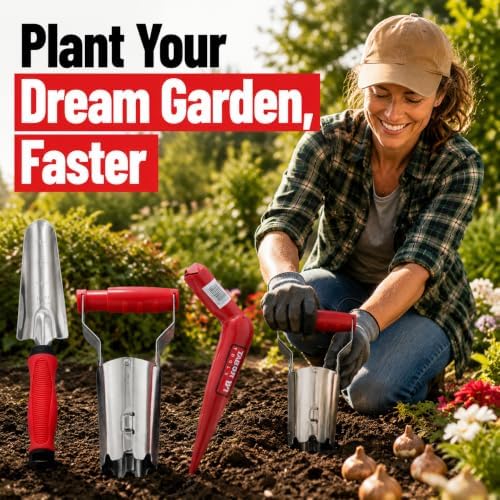 TABOR Tools D123A 3-Piece Bulb Planter Tool Set, Bulb Planter with Depth Marker & Auto Soil Release, Dibber & Transplanter, Garden Hole Digger for Tulip, Daffodil & Flower Bulbs