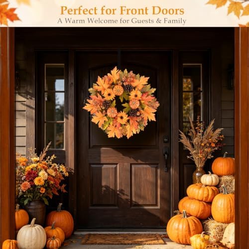 Wellsign 24 Inch Fall Wreath for Front Door Outside with Metal Hanger