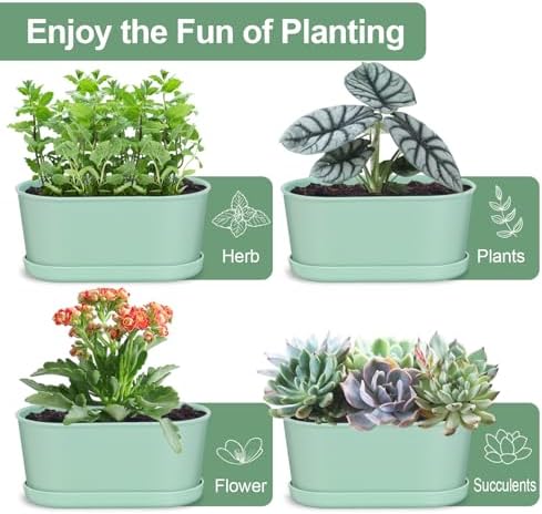 Oliz Set of 4 Green Oval Window Sill Planters with Drainage Holes and Trays（7 Inch） for Herbs Basil Orchids Succulents, Modern Herb Garden Planter for Indoor/Outdoor Plants