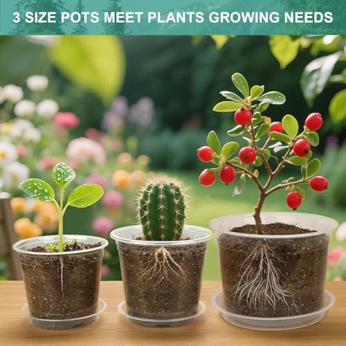 OUPSAUI 8 Inch Clear Nursery Pots with Drainage and Saucer, 5 Pack Large Plastic Pots for Plant, Seedling Starter Pot, Garden Pots for Succulents Flower Vegetables Herb