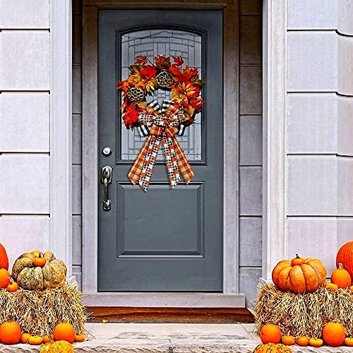 Large Fall Bows for Wreath, Thanksgiving Pumpkins Wreath Bow Orange Buffalo Plaid Burlap Bows Autumn Tree Topper Bow for Front Door Thanksgiving Party Decoration Supplies