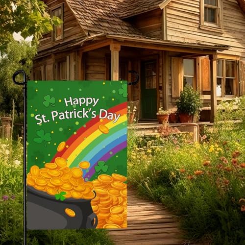 St Patricks Day Garden Flags 12x18 Inch Lucky Rainbow Shamrock Garden Flag Double Sided Gold Coin Spring Outdoor Decor Yard Flags for Outside Lawn Holiday