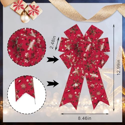 Estivaux 2 Pieces Christmas Bows for Wreath, Merry Christmas Wreath Bows Red Velvet Bows Xmas Snowflake Craft Bows Ornaments Winter Tree Bows for Front Door Christmas New Year Decorations