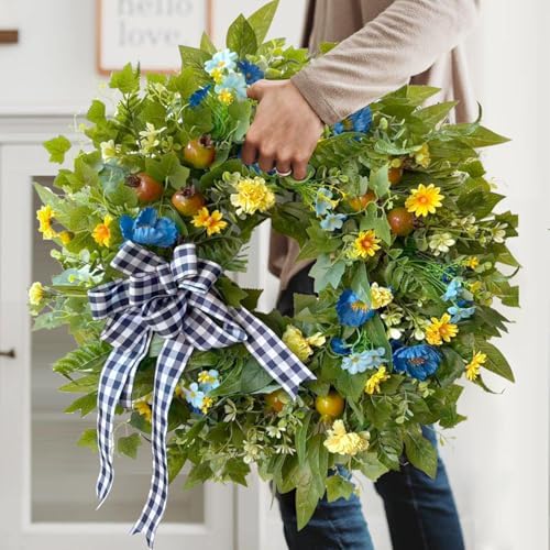 WANNA-CUL 24 Inch Blue Yellow Summer Wreath for Front Door All Season Decor