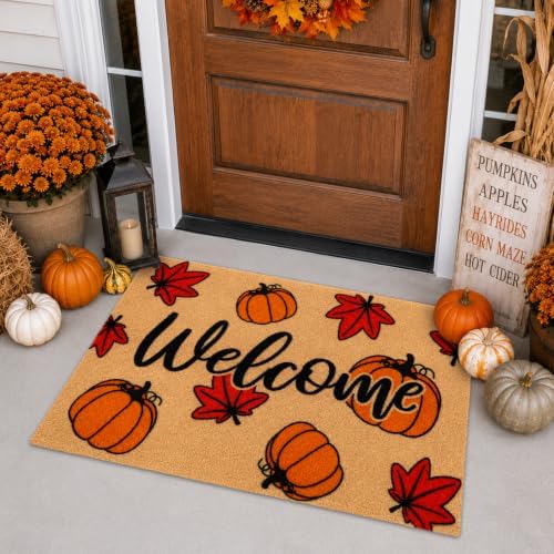 Fall Maple Leaf Welcome Door Mat-Maple Pumpkin Fall Outdoor Coir Doormat