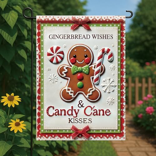 Christmas Garden Flag Gingerbread Man Candy Cane Wishes 12x18 Inch Double Sided Outdoor Winter Holiday Yard Banner Peppermint Cute Festive Lawn Decoration for Porch Patio Garden