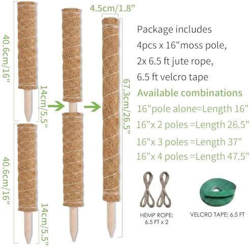 Moss Pole Monstera Plant Support, 4 Packs 16 Inch Plant Stakes for Monstera Moss Stick for House Plants,Moss Stakes for Climbing Plants Indoor, Coir Plant Pole Sticks Support Stakes