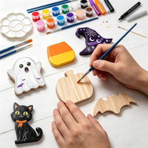 Halloween Wood Craft Kit, 6 DIY Paintable Wooden Ornaments for Tabletop
