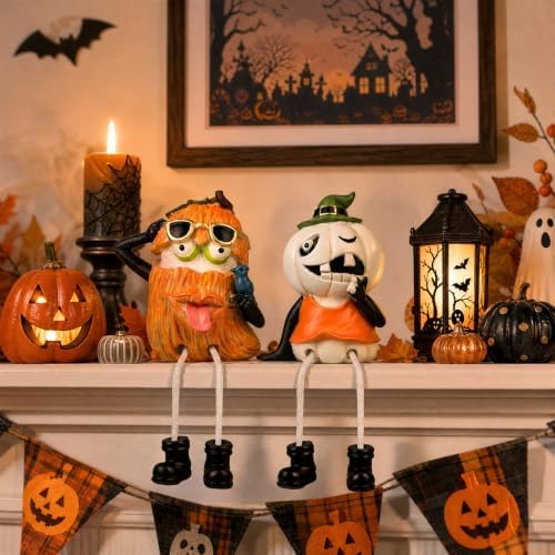 XJar Set of 2 Shelf Sitter Figurine, Halloween Pumpkins with Dangling Legs