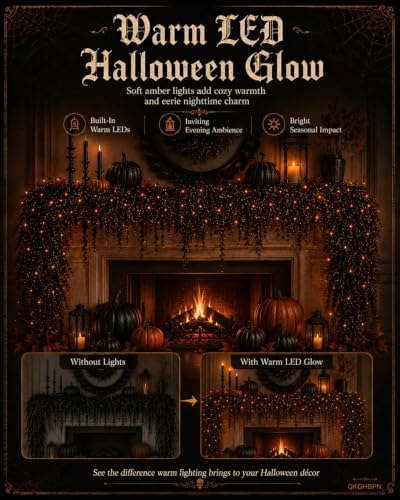 Halloween Garland with Lights, Creepy Black Vine Garland for Mantel Decor
