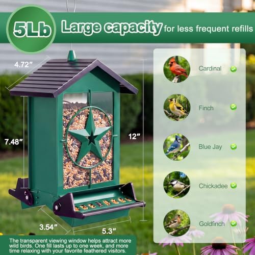Squirrel Proof Bird Feeders for Outdoors with Weight-Activated, Metal 5LB Large Wild Bird Feeders for Cardinals,Blue Jay,Finch, Weatherproof Durable Hanging Bird Feeder for Backyard,Garden (Green)