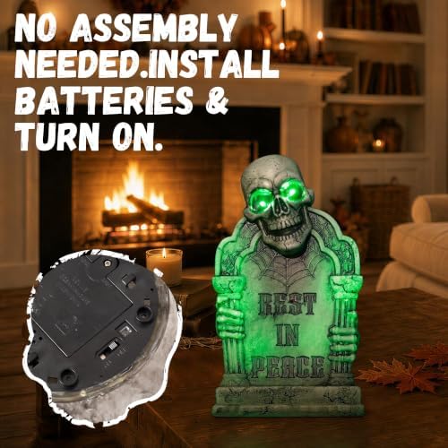 Halloween Decoration Animatronic Tombstone with Skull & Pillars, Sound Activated Grave Marker with Green Light-Up & Creepy Sound Effects, RIP Cemetery Prop for Haunted House, Yard, Lawn & Porch Decor