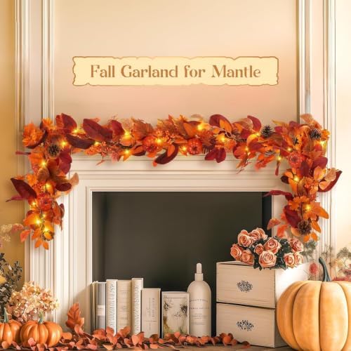 SHareconn 2 Packs 6ft Fall Garland with Lights and Timer for Mantle
