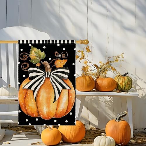 Fall Garden Flag Polka Dots Bowknot Pumpkin Garden Flags For Outside Burlap Decor, Thanksgiving 28X40 Inch Double Sided Vertical Autumn Decor Patio Lawn Yard Outdoor Decoration
