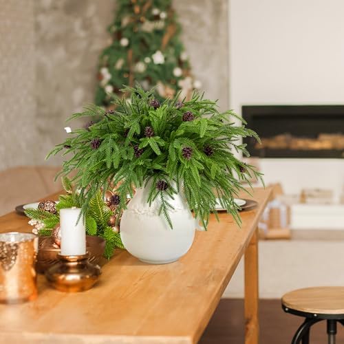 15 Pcs Christmas Norfolk Pine Branches Pine Cones, Faux Christmas Sprigs