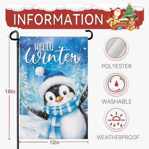 Hello Winter Penguins Garden Flags for Outside 12x18 Inch Snow Scenery Welcome Small Yard Flag Double Sided Snowflakes Flags for Outdoor Decorations