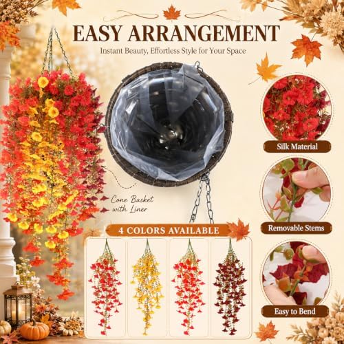 Pinkunn 2 Pack Artificial Fall Hanging Flower Basket for Outdoor Fall Decor