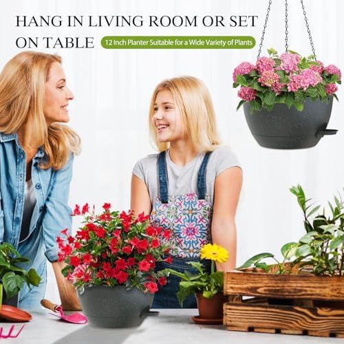 12 Inch Hanging Baskets 2 PC with Chains, Self-Watering Hanging Planters for Indoor Outdoor Plants, Plastic Hanging Flower Pots, Black with Green Speckles