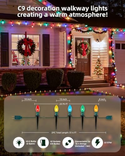 Christmas Pathway Lights Outdoor,51.4 Ft C9 Lights with 40 Multicolor Bulbs