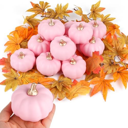 FOIMAS 12pcs Pink Artificial Pumpkins,Small Faux Pumpkins Lifelike Foam Pumpkin for Fall Halloween Thanksgiving Home Decoration Harvest Decor