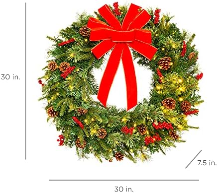 Best Choice Products 30in Pre-Lit Battery Powered Christmas Wreath Artificial Pre-Decorated Holiday Accent w/ 100 Lights, 276 PVC Tips, Ribbons, Pine Cones