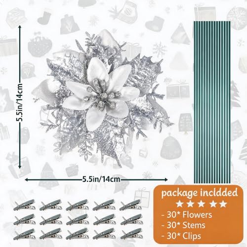 30PCS Artificial Christmas Poinsettia Flowers with Clips and Stems, 5.5 Inch Glitter Silver Xmas Tree Decorations, Holiday Poinsettia Picks Ornaments for Christmas Tree, Wreaths, Garlands & Home