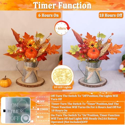 [Light & Timer] Fall Decor Table Centerpiece Rustic Metal Milk Jug with Artificial Orange Maple Tree Pumpkin Sunflower Wheat, Fall Floral Arrangement Decoration for Home Kitchen Autumn Thanksgiving