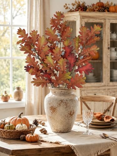 35" Long Faux Oak Leaf Stems with Acorns, 3Pcs Fall Stems for Vase Brown