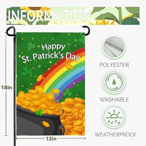 St Patricks Day Garden Flags 12x18 Inch Lucky Rainbow Shamrock Garden Flag Double Sided Gold Coin Spring Outdoor Decor Yard Flags for Outside Lawn Holiday
