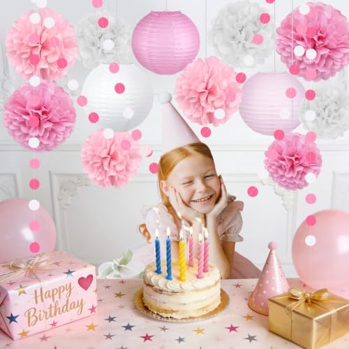 14 Pcs Pink Party Decorations, Paper Pom Poms Lanterns Garland, 8/10 Inch