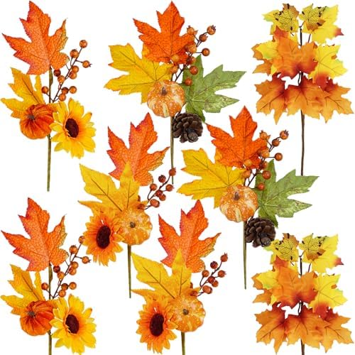Winlyn 8 Pcs Fall Harvest Artificial Maple Leaf Stems Fall Picks and Sprays with Orange Pumpkins Sunflower Heads Pine Cones Berries 13" for Thanksgiving Autumn Wedding DIY Wreath Floral Arrangements