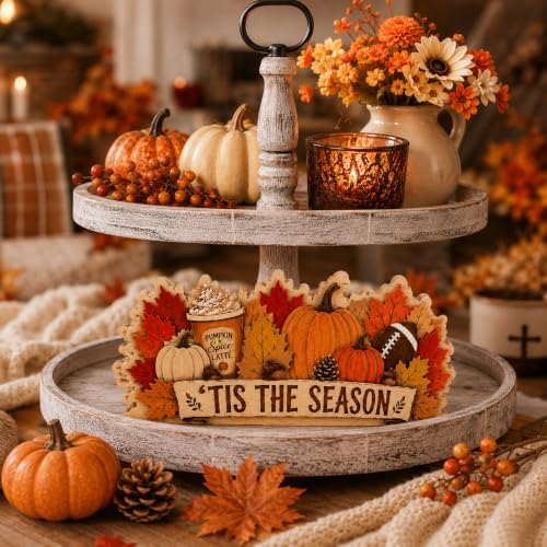 Fall Pumpkin Decor Wooden Sign, Tis the Season Football Tabletop Decor